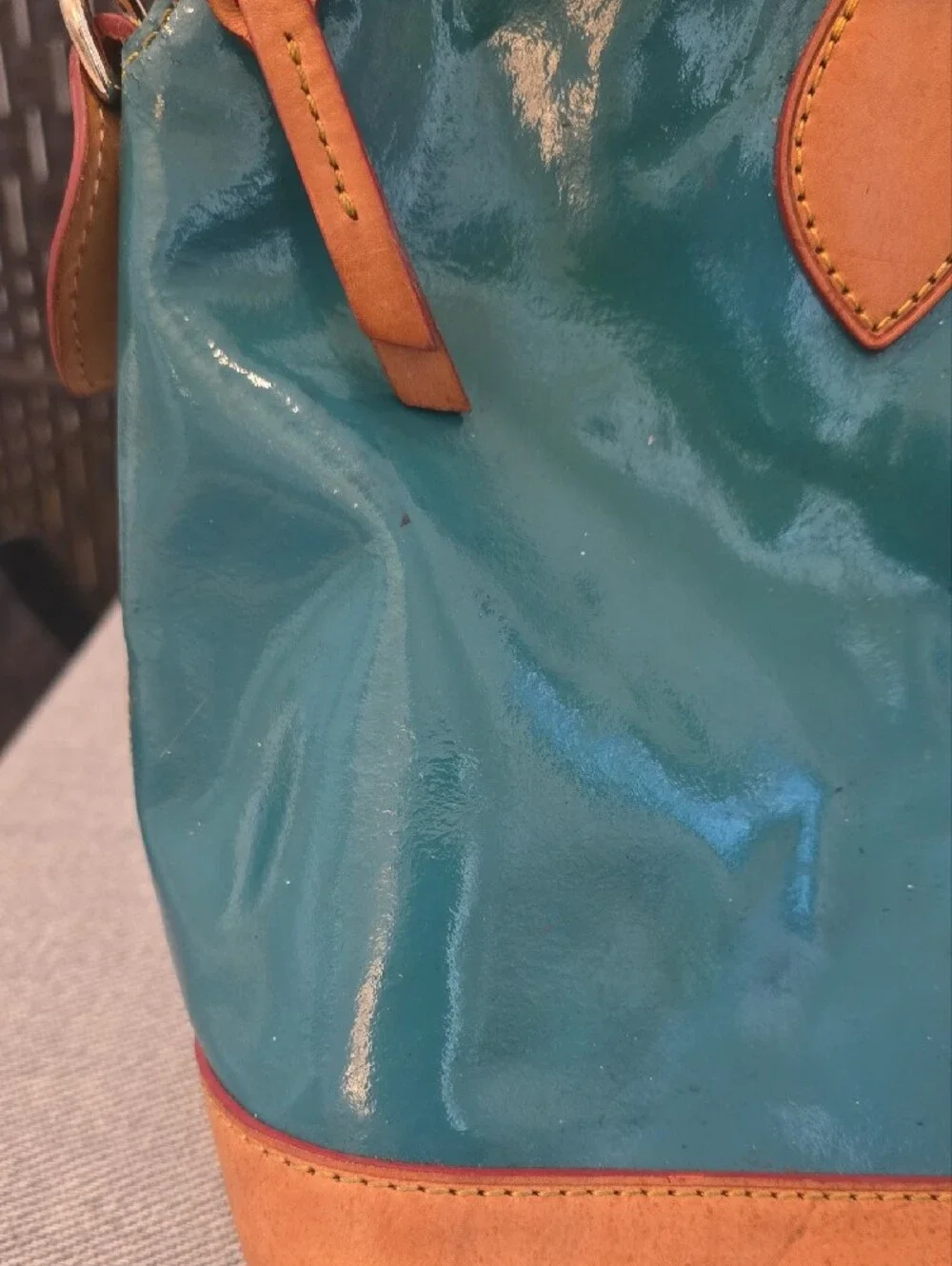 Dooney & Bourke Teal Patent Leather Zip Zip Domed Satchel Bag, Needs Cleaning
